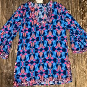 Escapada Living Beaded Blue Mosaic Tunic Coastal Sapphire 3/4 Sleeve Sz Medium